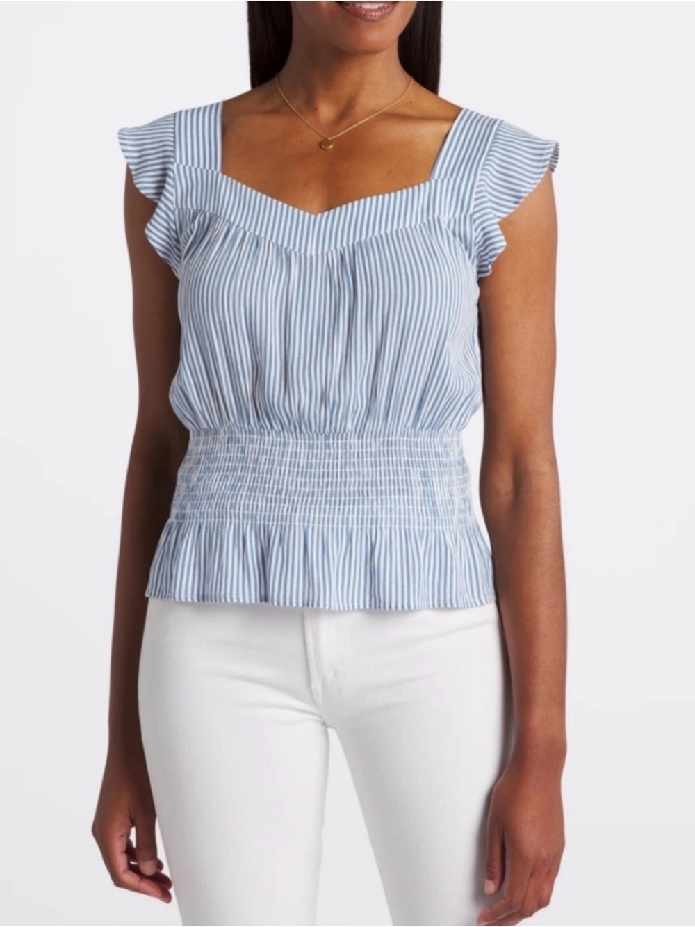 Blue Striped Smocked Square Neck Top